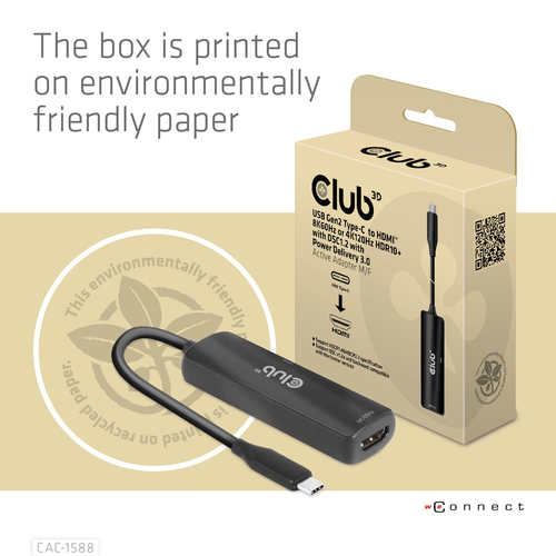 CLUB3D USB Gen2 Type-C to HDMI™ 8K60Hz or 4K120Hz HDR10+ with DSC1.2 with Power Delivery 3.0 Active Adapter M/F