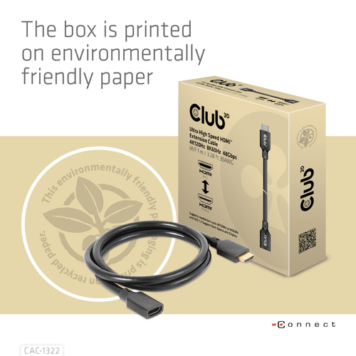 CLUB3D Ultra High Speed HDMI Extension Cable 4K120Hz 8K60Hz 48Gbps M/F 1 m / 3.28 ft 30AWG