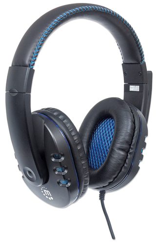 Manhattan USB-A Gaming Headset with LEDs. Retractable Built-in Microphone, Audio Control, Integrated 1.8m cable, Black and Blue, Three Year Warranty