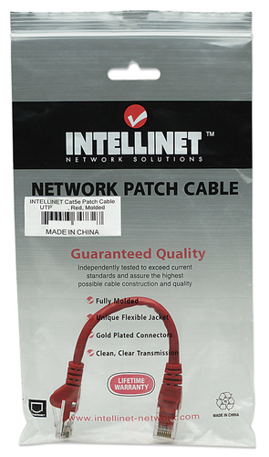 Intellinet Network Patch Cable, Cat5e, 0.5m, Red, CCA, U/UTP, PVC, RJ45, Gold Plated Contacts, Snagless, Booted, Lifetime Warranty