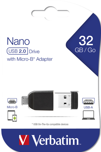 Verbatim Nano - USB 2.0 Drive Drive con Adattatore Micro USB da 32 GB - Black