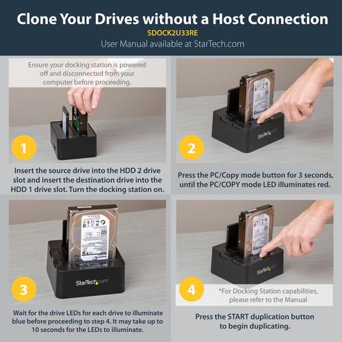 StarTech.com Dual Bay Hard Drive Duplicator, Standalone USB 3.0 (5 Gbps) / eSATA to 2.5/3.5" SATA III HDD/SSD Cloner/Copier, Hard Drive Docking Station, Hard Disk Cloner