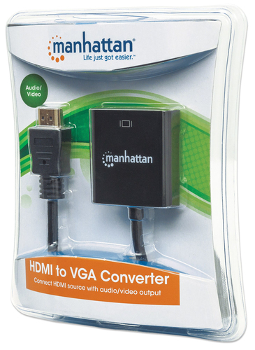 Manhattan HDMI to VGA (with Audio) Converter cable, 1080p, 30cm, Male to Female, Micro-USB Power Input Port for additional power if needed, Black, Three Year Warranty