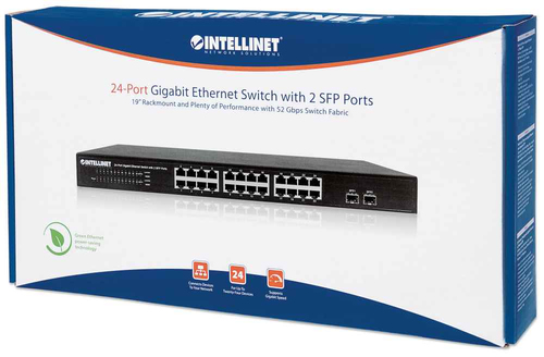 Intellinet 24-Port Gigabit Ethernet Switch with 2 SFP Ports, 24 x 10/100/1000 Mbps RJ45 Ports + 2 x SFP, IEEE 802.3az (Energy Efficient Ethernet), 19" Rackmount, Metal