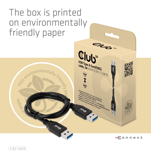 CLUB3D USB Type-A Gen2(10G) cable, 3A M/M 0.5m / 1.64 ft
