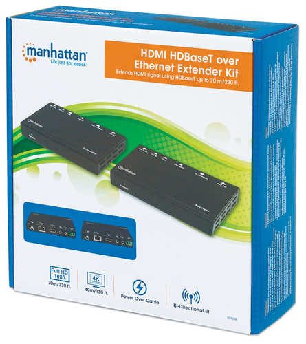 Manhattan 4K HDMI HDBaseT over Ethernet Extender Kit, Extends Distances of 4K@30Hz up to 40m and 1080p up to 70m Using Single Ethernet Cable, Power over Cable, IR/RS232 Support (With Euro 2-pin plug), Box