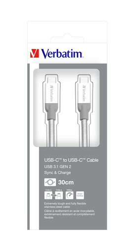 Verbatim USB-C to USB-C Stainless Steel Sync & Charge Cable USB 3.1 GEN 2 30cm