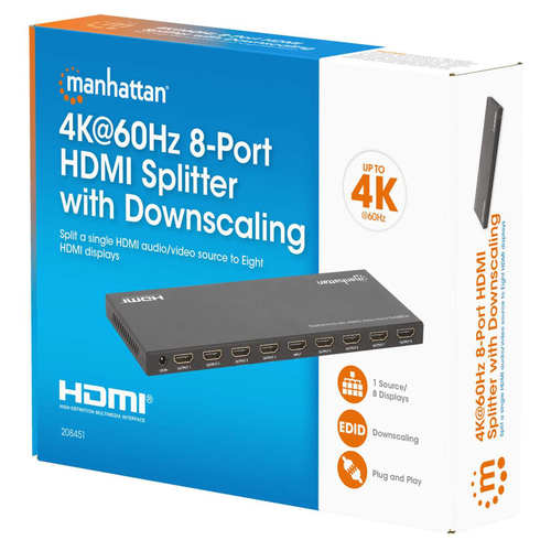 Manhattan 4K@60Hz 8-Port HDMI Splitter with Downscaling, Splits One HDMI Input to Eight HDMI Outputs (1x8), 18G, EDID Switch for Downscaling, Black