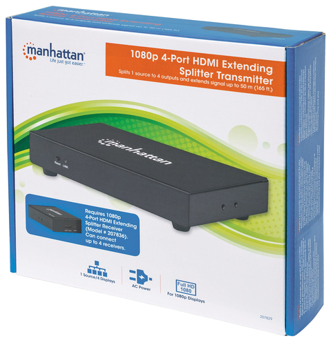Manhattan 1080p 4-Port HDMI Extending Splitter Transmitter, Splits One Source to Four Outputs, Three Year Warranty