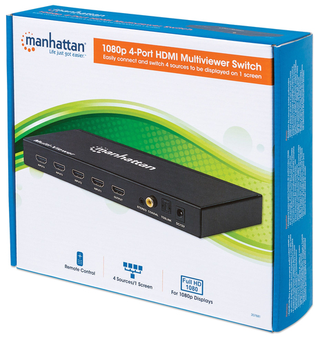 Manhattan 1080p 4-Port HDMI Multiviewer Switch, Switch with Four Inputs on One Display, Video Bandwidth Amplifier, Remote Control, Black, Three Year Warranty