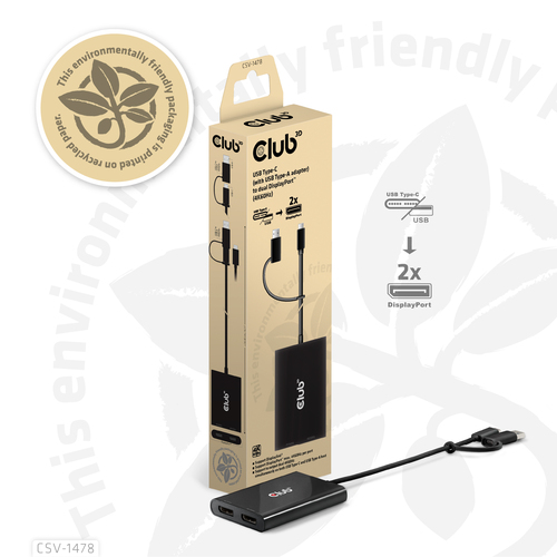 CLUB3D USB Type-C (with USB Type-A adapter) to dual DisplayPort™(4K60Hz) Video Splitter
