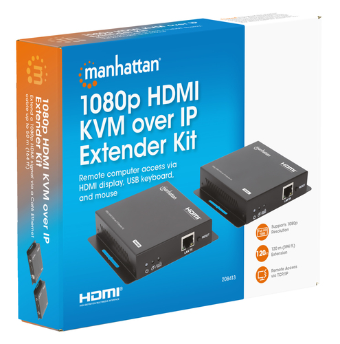 Manhattan 1080p HDMI KVM over IP Extender Kit, Extends 1080p@60Hz signal up to 120m with a single Cat6 Ethernet Cable or an IP-enabled network, Transmitter and Receiver, USB-A ports for PC/Mouse/Keyboard, Black, Three Year Warranty