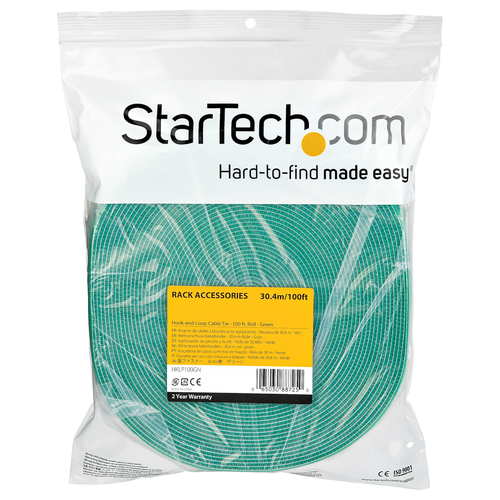 StarTech.com 100ft Hook and Loop Roll - Cut-to-Size Reusable Cable Ties - Bulk Industrial Wire Fastener Tape /Adjustable Fabric Wraps Green / Resuable Self Gripping Cable Management Straps
