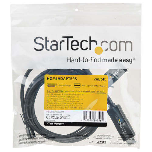 StarTech.com 6ft (2m) HDMI to Mini DisplayPort Cable 4K 30Hz - Active HDMI to mDP Adapter Converter Cable with Audio - USB Powered - Mac & Windows - Male to Male Video Adapter Cable