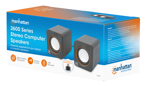 Manhattan 2600 Series Speaker System, Two Speakers, Black/Orange, USB for Stereo Audio and Power, Output: 2x 3W, Decent Sound, Integrated rotary volume control, USB-C/USB-A Adapter, Cable 1.4m, Three Year Warranty