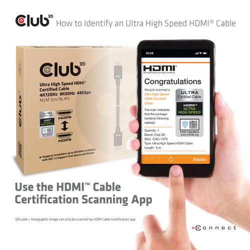 CLUB3D Ultra High Speed HDMI™ Certified Cable 4K120Hz 8K60Hz 48Gbps M/M 5m/16.4ft