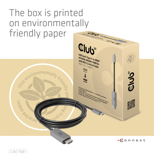 CLUB3D USB Gen2 Type-C to HDMI 4K120Hz 8K60Hz HDR10 with DSC1.2 Active Cable M/M 3m / 9.84ft
