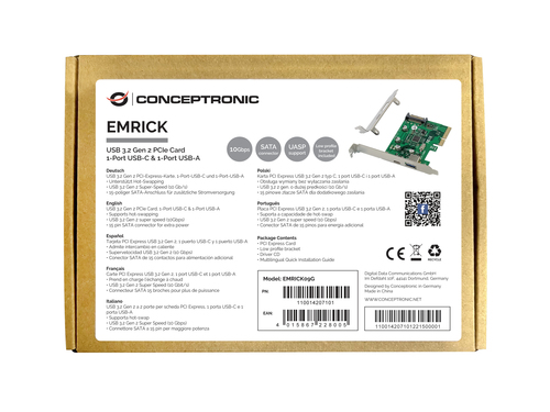 Conceptronic EMRICK USB 3.2 Gen 2 PCIe Card, 1-Port USB-C & 1-Port USB-A