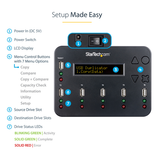 StarTech.com Standalone 1 to 5 USB Thumb Drive Duplicator and Eraser, Multiple USB Flash Drive Copier, System and File and Whole-Drive Copy at1.5 GB/min, Single and 3-Pass Erase, LCD Display - TAA