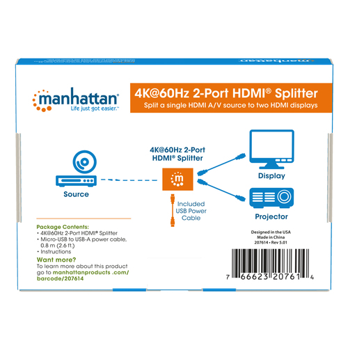 Manhattan 4K@60Hz 2-Port HDMI Splitter Splits One HDMI Input to Two HDMI Outputs (1x2), 18G, Micro-USB input for power, EDID Switch for Downscaling to 1080p, Black, 3 year warranty