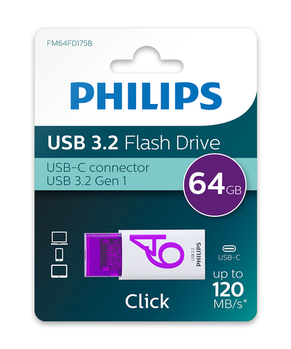 Philips Click USB flash drive 64 GB USB Type-C 3.2 Gen 1 (3.1 Gen 1) Violet, White